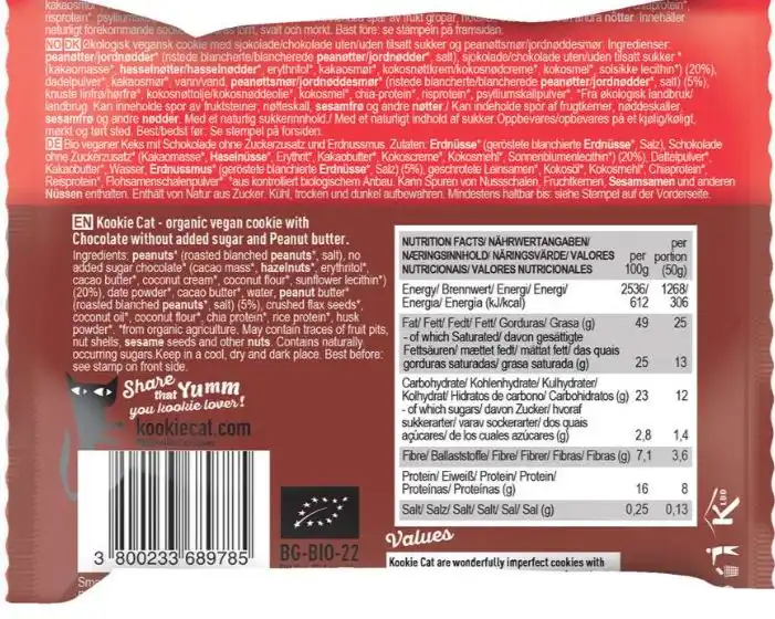 Kookie Cat Bio čokoládová sušenka s arašídovým máslem bez přidaného cukru 50 g