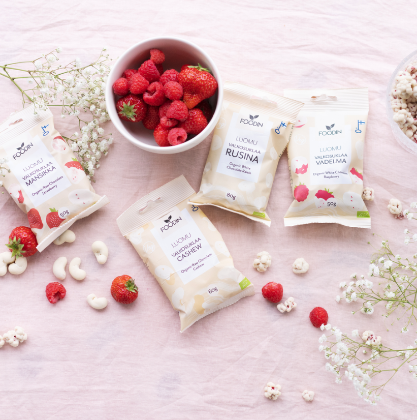 Foodin Raw maliny v bielej čokoláde, bio, 50g