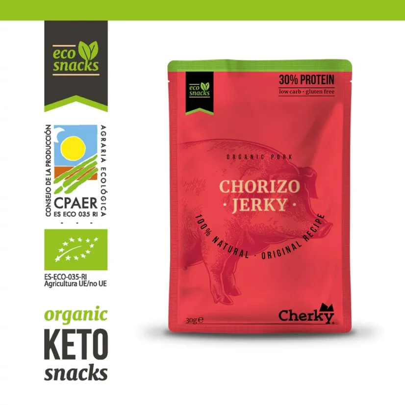 Cherky bio bravčové jerky s príchuťou Chorizo 70g,min.trv.07/2025 Cherky bio bravčové jerky s príchuťou Chorizo 70g,min.trv.07/2025