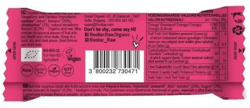 Roo bar bio jahodová tyčinka Strawberries Forever 30 g