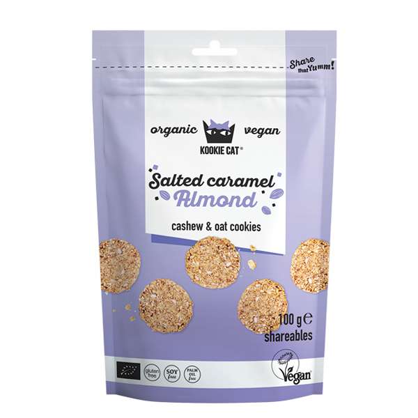 Kookie Cat Mini sušienky s mandľami a slaným karamelom, bio, 100g balenie