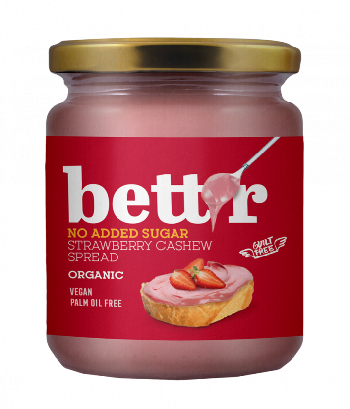 Bett'r Jahodová kešu nátierka bez pridaného cukru, BIO, 250g Bett'r Jahodová kešu nátierka bez pridaného cukru, BIO, 250g