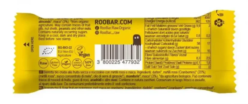 Roo´bar bio tyčinka s macou a brusinkami 30 g