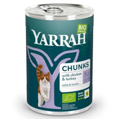 Yarrah Bio Chunks mäsové kúsky bio kurča & bio moriak s bio žihľavou & bio paradajkami v omáčke pre mačky 405 g