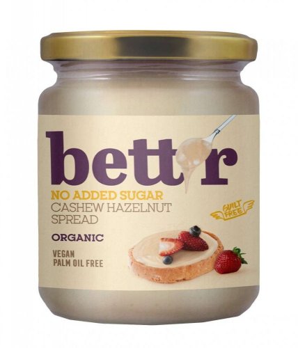 Bett’r ořechová pomazánka z kešu a lískových oříšků bez přidaného cukru s příchutí bílé čokolády Bio, 250g