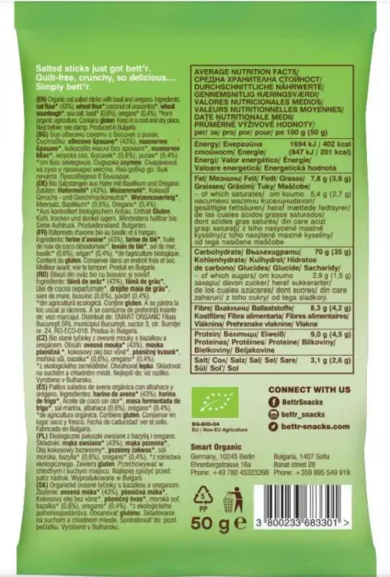 Bett´r Bio ovesné solené tyčinky Bazalka a Oregano 50 g