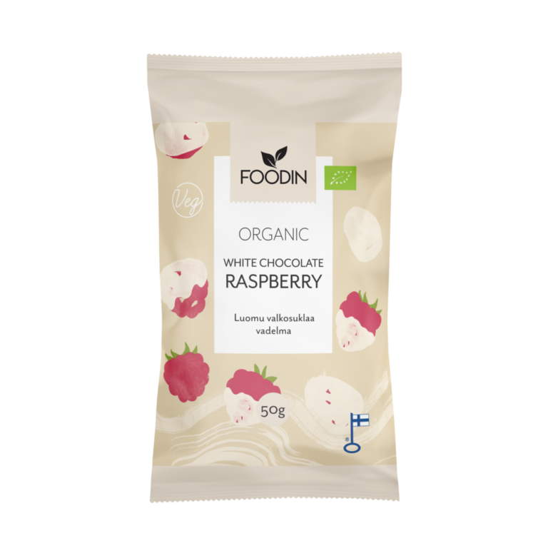 Foodin Raw maliny v bielej čokoláde, bio, 50g
