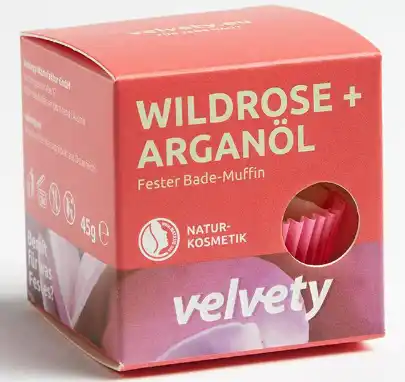 Velvety Koupelová bomba ve tvaru muffinu Divoká růže a arganový olej 45 g