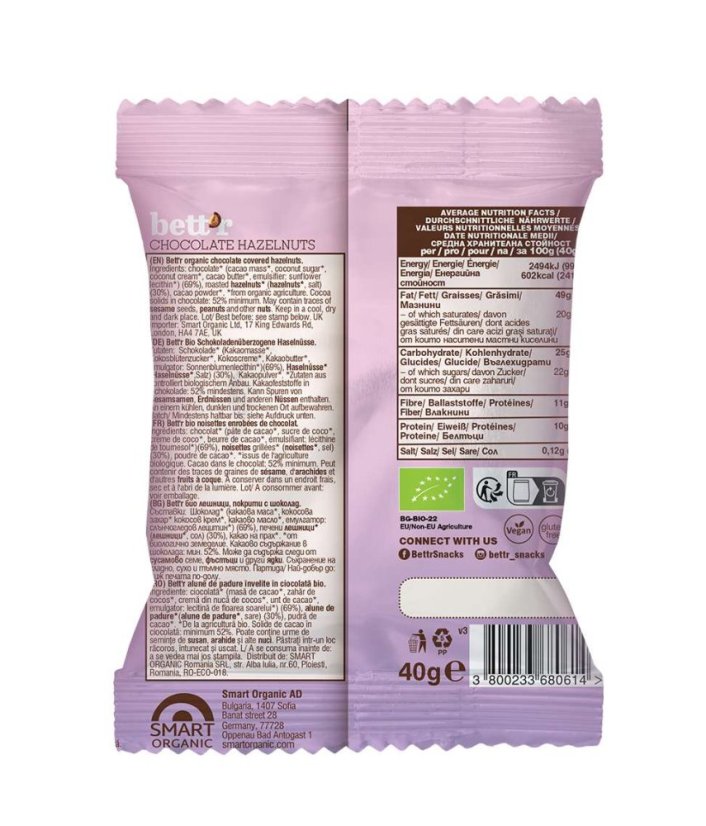 Bettr Bio lískové ořechy v hořké čokoládě 40 g