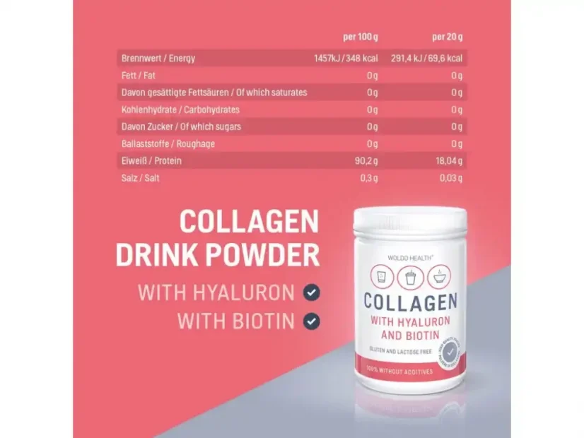 WoldoHealth Kolagén hovädzí prášok s kyselinou hyalurónovou a biotínom 500 g