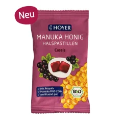 Hoyer Bio pastilky s manukovým medem, černým rybízem a propolisem pro zklidnění krku 30 g
