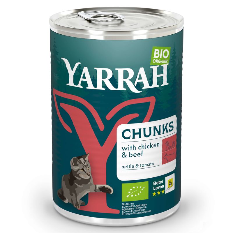 Yarrah Bio Chunks masové kousky kuře & bio hovězí s bio kopřivou & bio rajčaty v omáčce pro kočky 405 g