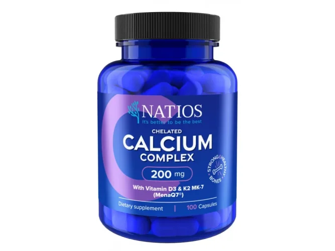Natios Chelated Calcium Complex, Vápník s vitamíny D3 a K2 MK-7, 200 mg, 100 kapslí