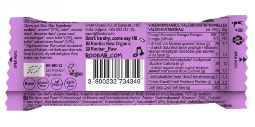 Roo´bar bio třešňová tyčinka Cherry Party 30 g