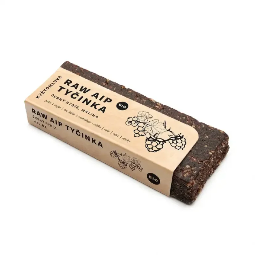 Kvetomluva Bio raw AIP tyčinka čierne ríbezle a malina 55 g Kvetomluva Bio raw AIP tyčinka čierne ríbezle a malina 55 g