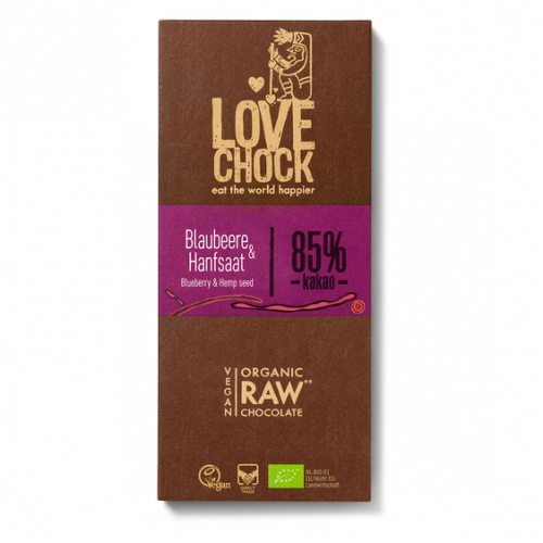 Lovechock Bio vegan raw čokoláda Čučoriedky a konopné semienka 70g