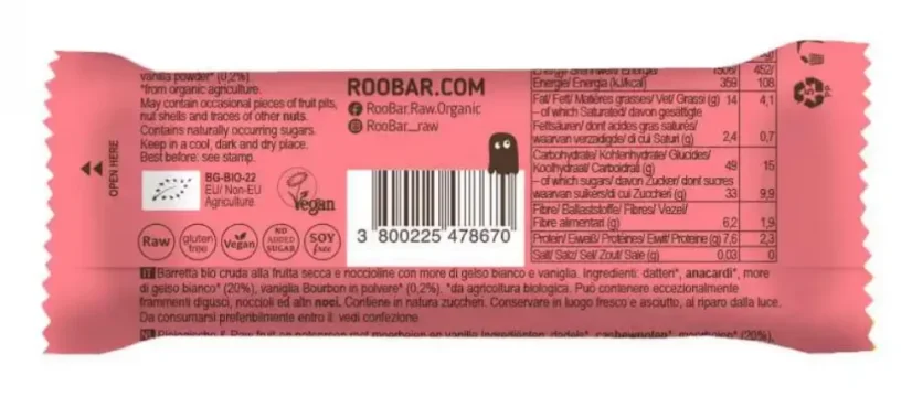 Roo'bar bio tyčinka s bielou morušou a vanilkou 30 g