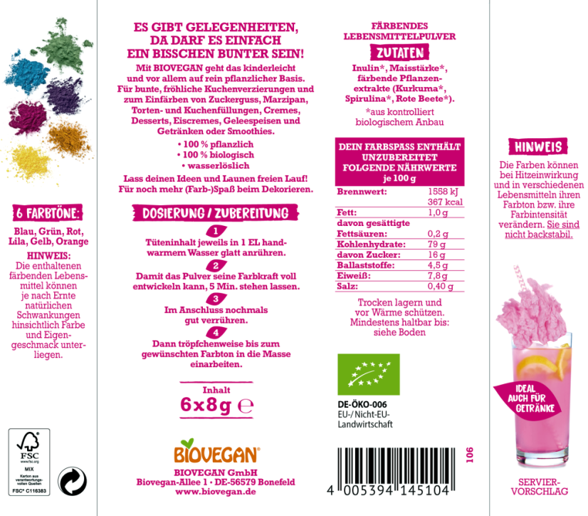 Biovegan Bio Potravinářská barviva z rostlinných extraktů 6 x 8 g