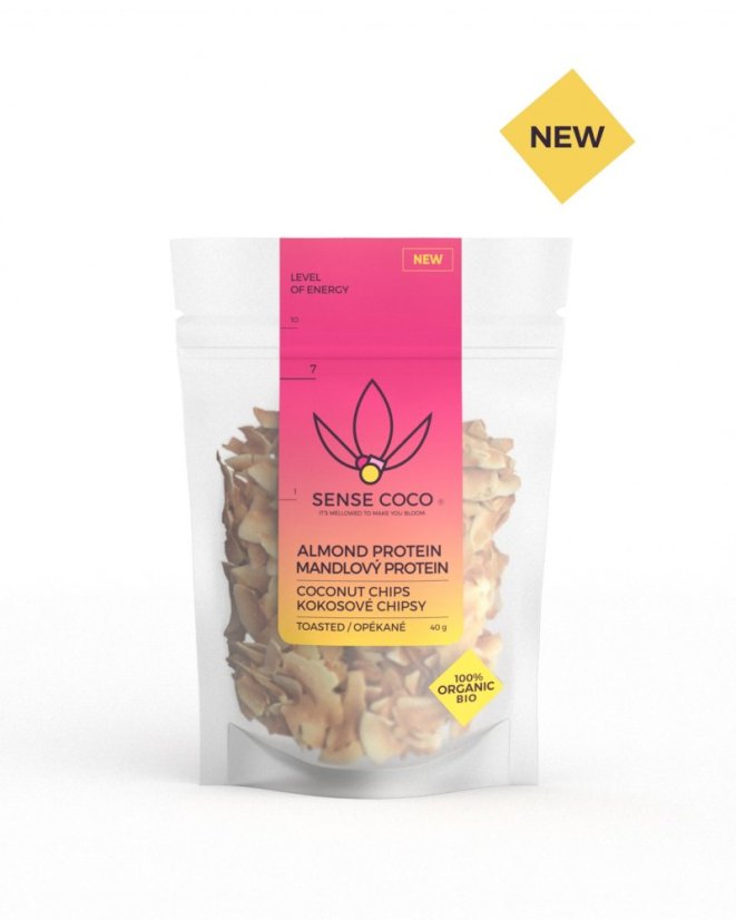 Sense coco BIO kokosové chipsy Mandlový protein 40 g Sense coco BIO kokosové chipsy Mandlový protein 40 g