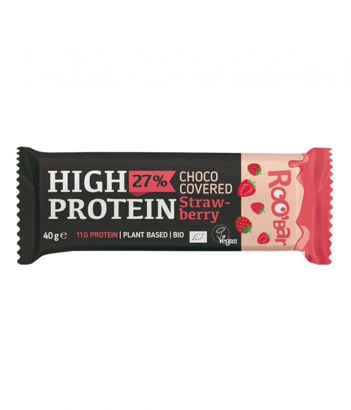 Roo´bar Bio vysokoproteínová tyčinka s jahodami a ružovou vegán čokoládou 30 g  min.trv.06/2026