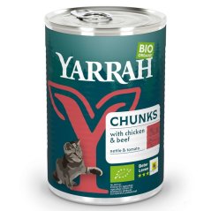 Yarrah Bio Chunks mäsové kúsky kura & bio hovädzie s bio žihľavou & bio paradajkami v omáčke pre mačky 405 g