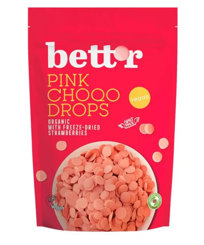 Bett´r bio čokoládové ružové kôstky choco drops pink 200 g Bett´r bio čokoládové ružové kôstky choco drops pink 200 g