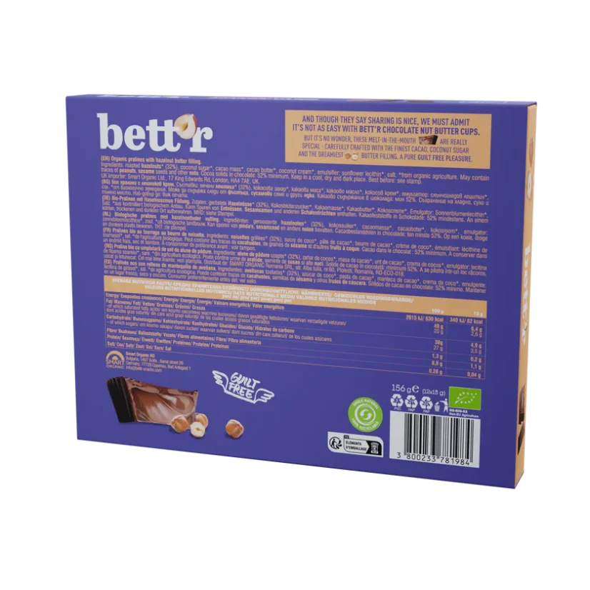 Bett´r bio čokoládové pralinky s lieskovoorieškovým maslom v boxe 156 g