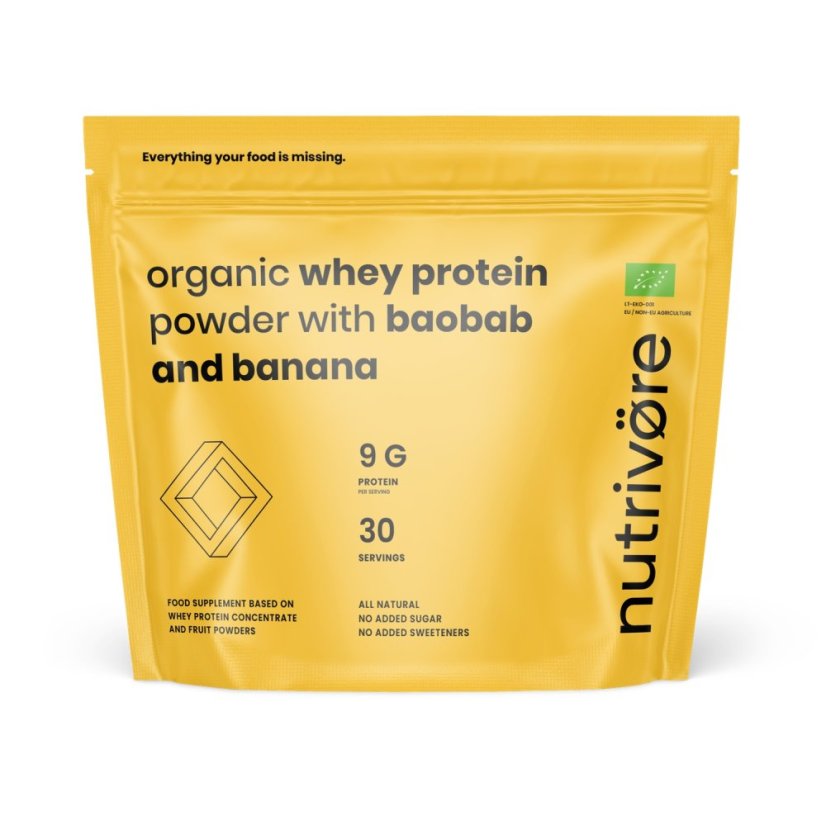 Nutrivore Bio syrovátkový protein koncentrát v prášku z evropských zdrojů s obsahem prebiotik a ovoce 450 g