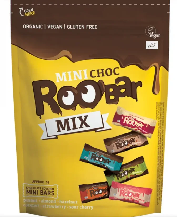Bio Roo'bar mini čokoládovo kokosovo ovocné tyčinky v čokoládě mix 18 ks 180 g