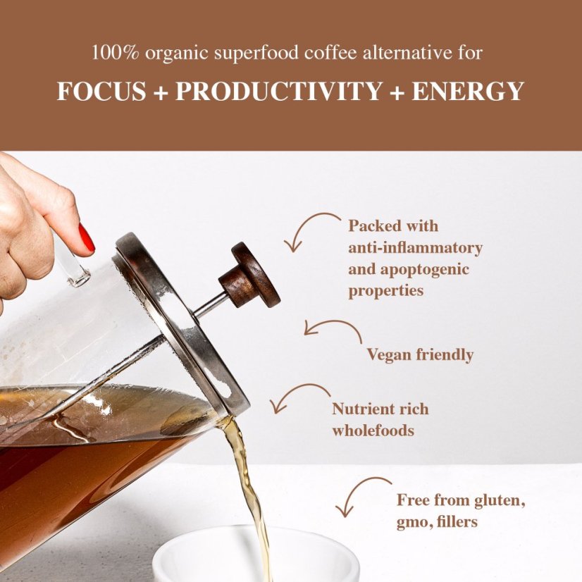 Soulel Dirt Bio prášek, alternativa kávy s chagou a ženšenem