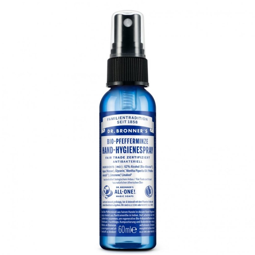 Dr. Bronner's dezinfekčný sprej na ruky peppermint 60 ml Dr. Bronner's dezinfekčný sprej na ruky peppermint 60 ml