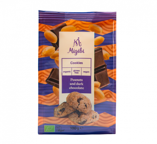Migibi Bio Sušenky arašídy a hořká čokoláda 100 g, min. trv. 07/24