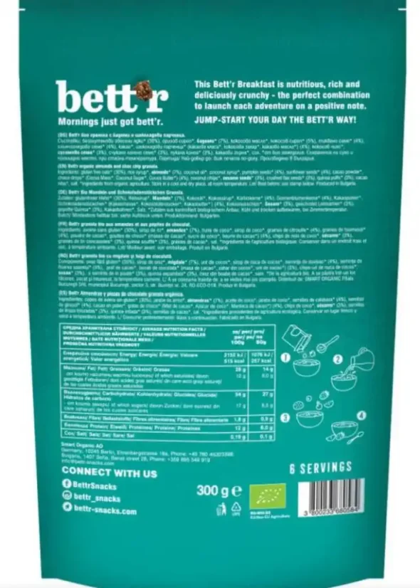 Bett´r bio mandlová bezlepková granola Choc Chip 300 g