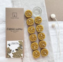 Tvoje Svíčka Čajové sviečky zo včelieho vosku 11 ks plus svietnik