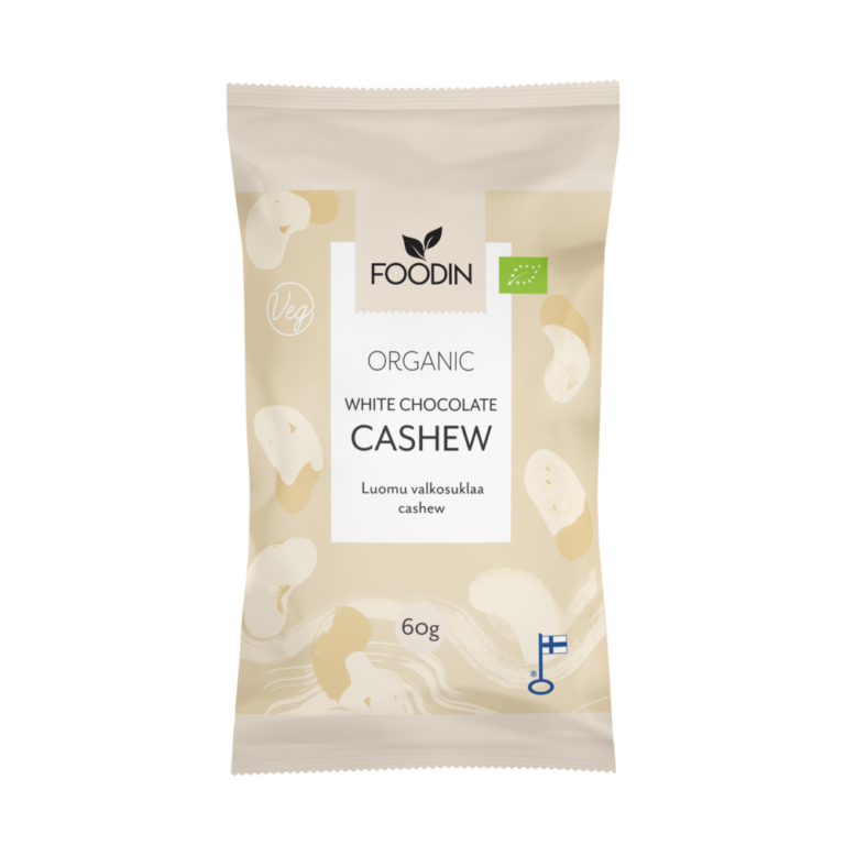 Foodin Raw  kešu oříšky v bílé čokoládě bio, 60 g