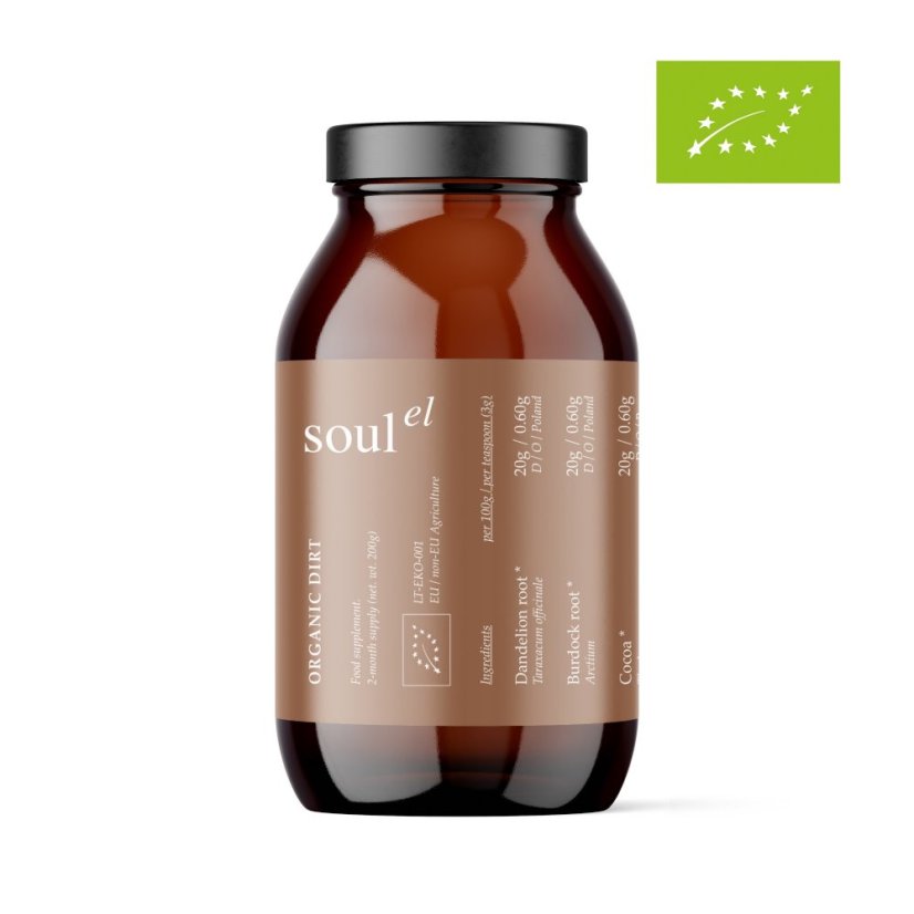 Soulel Dirt Bio prášek, alternativa kávy s chagou a ženšenem