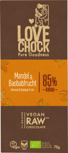 Lovechock Bio vegan raw čokoláda mandle & baobab 85% kakaa 70g