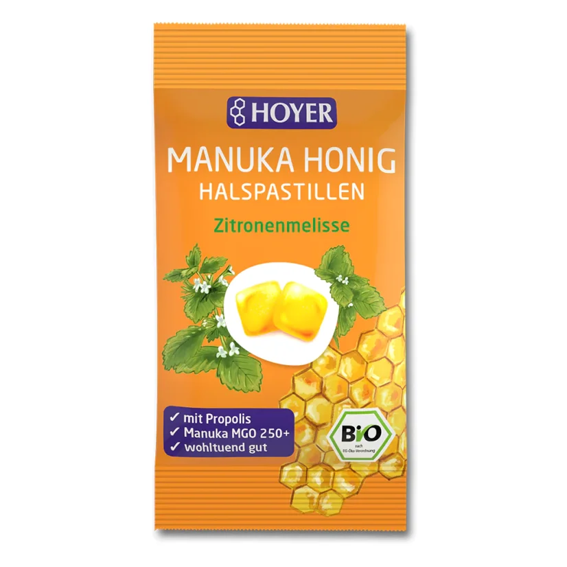 Hoyer Bio pastilky s manukovým medem a meduňkou pro zklidnění krku 30 g