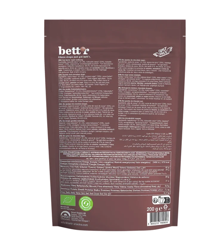 Bett´r bio čokoládové kôstky choco drops dark 66% kakaa 200 g